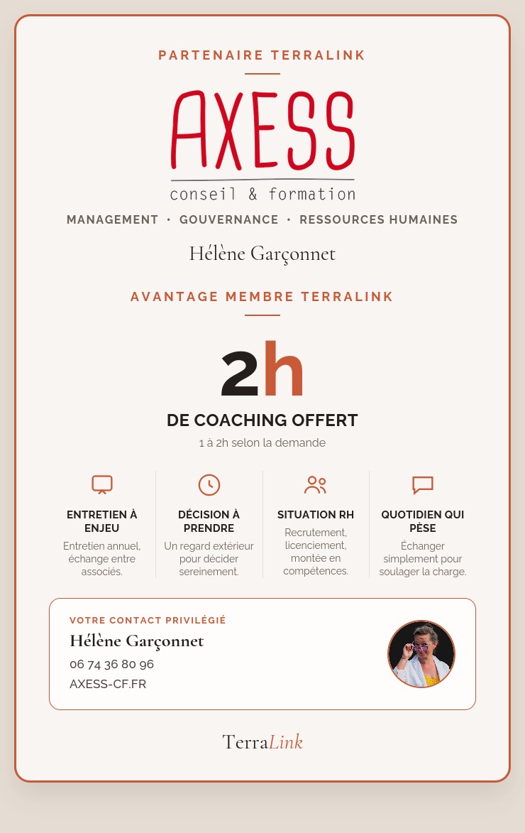 Offre partenaire Axess Conseil & Formation — 2h de coaching offert pour les adhérents TerraLink